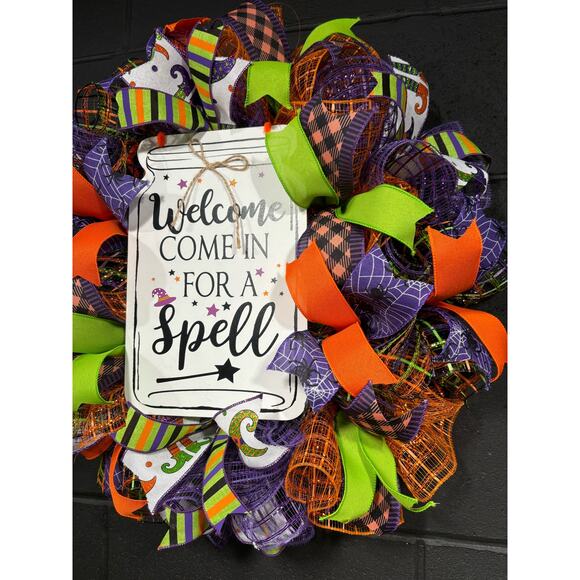 Halloween Witch Wreath Orange Purple Green Deco Mesh Handmade 24 Inch - Picture 3 of 4